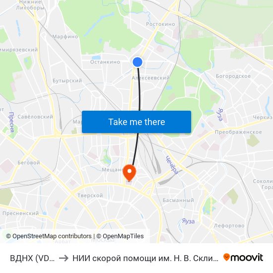 ВДНХ (VDNKh) to НИИ скорой помощи им. Н. В. Склифосовского map