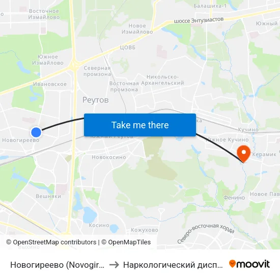 Новогиреево (Novogireevo) to Наркологический диспансер map