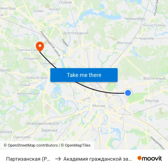 Партизанская (Partizanskaya) to Академия гражданской защиты МЧС России map