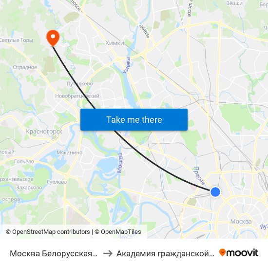 Москва Белорусская (Belorussky Station) to Академия гражданской защиты МЧС России map