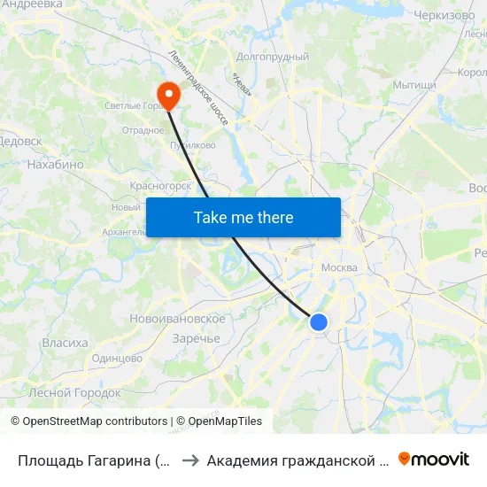 Площадь Гагарина (Ploschad Gagarina) to Академия гражданской защиты МЧС России map