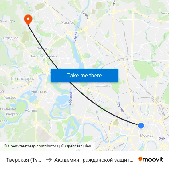 Тверская (Tverskaya) to Академия гражданской защиты МЧС России map