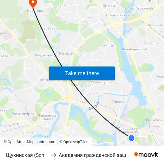 Щукинская (Schukinskaya) to Академия гражданской защиты МЧС России map