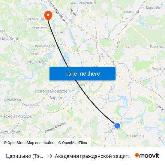 Царицыно (Tsaritsyno) to Академия гражданской защиты МЧС России map