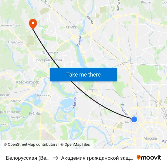 Белорусская (Belorusskaya) to Академия гражданской защиты МЧС России map