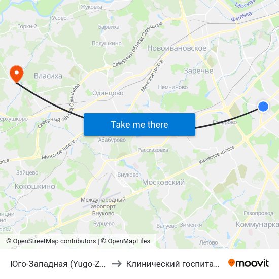Юго-Западная (Yugo-Zapadnaya) to Клинический госпиталь Лапино map