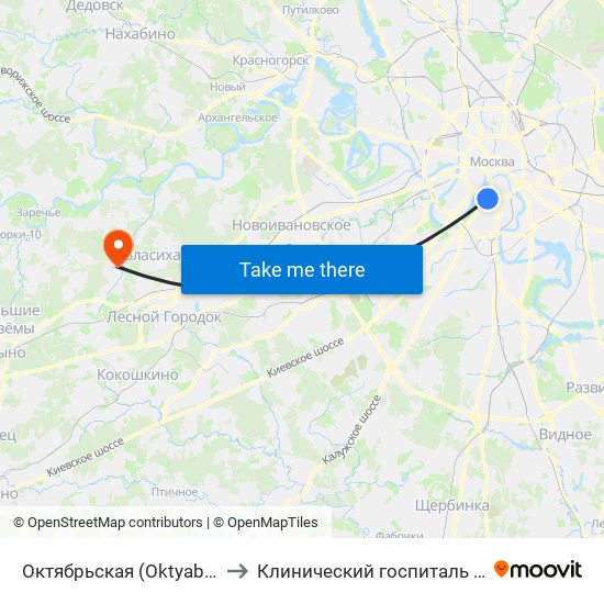 Октябрьская (Oktyabrskaya) to Клинический госпиталь Лапино map