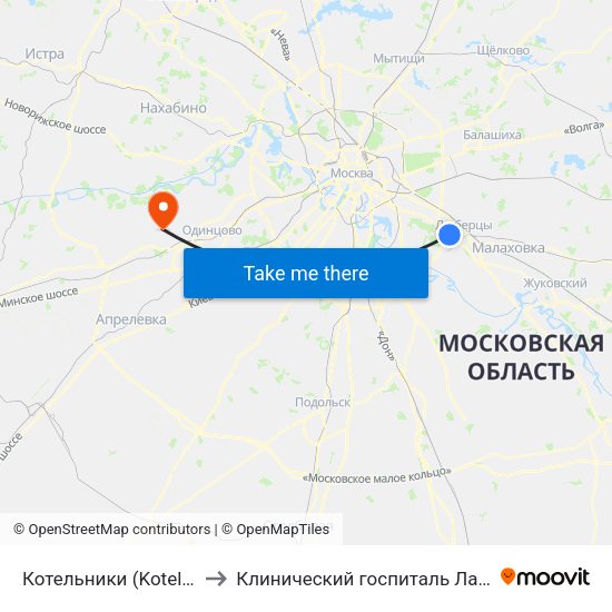 Котельники (Kotelniki) to Клинический госпиталь Лапино map
