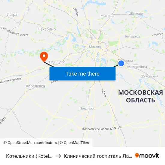 Котельники (Kotelniki) to Клинический госпиталь Лапино map