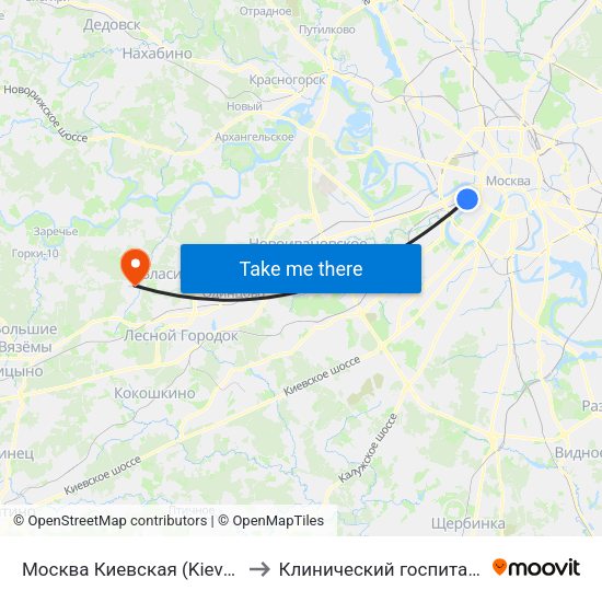 Москва Киевская (Kievsky Station) to Клинический госпиталь Лапино map