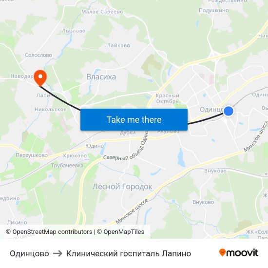 Одинцово to Клинический госпиталь Лапино map