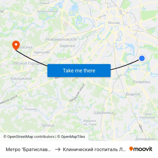 Метро "Братиславская" to Клинический госпиталь Лапино map