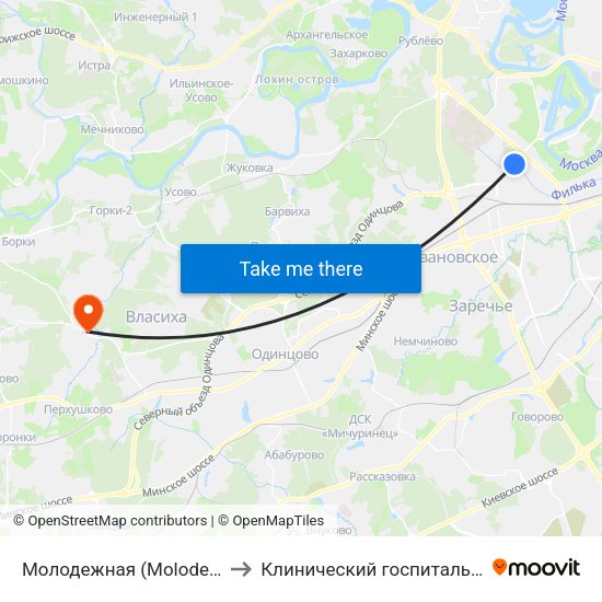 Молодежная (Molodezhnaya) to Клинический госпиталь Лапино map