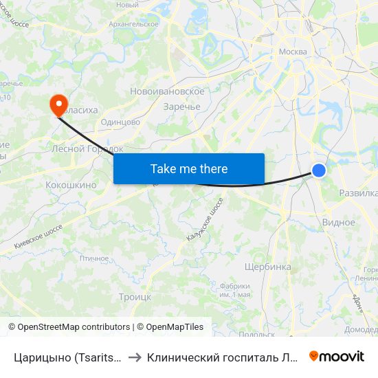 Царицыно (Tsaritsyno) to Клинический госпиталь Лапино map