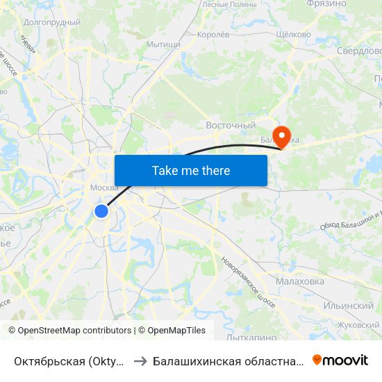 Октябрьская (Oktyabrskaya) to Балашихинская областная больница map