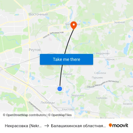 Некрасовка (Nekrasovka) to Балашихинская областная больница map