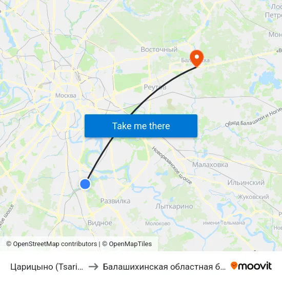 Царицыно (Tsaritsyno) to Балашихинская областная больница map