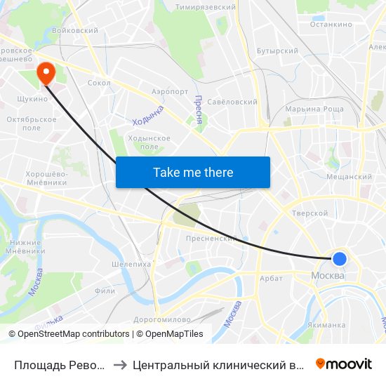 Площадь Революции (Ploschad Revolyutsii) to Центральный клинический военный госпиталь ФСБ РФ (Хирургический корпус) map