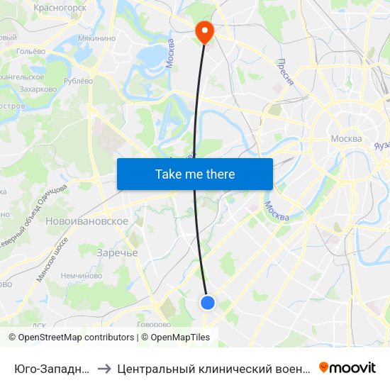 Юго-Западная (Yugo-Zapadnaya) to Центральный клинический военный госпиталь ФСБ РФ (Хирургический корпус) map