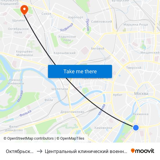 Октябрьская (Oktyabrskaya) to Центральный клинический военный госпиталь ФСБ РФ (Хирургический корпус) map