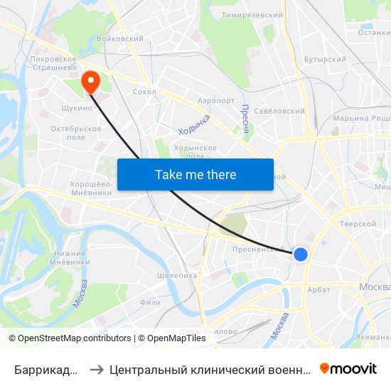 Баррикадная (Barrikadnaya) to Центральный клинический военный госпиталь ФСБ РФ (Хирургический корпус) map