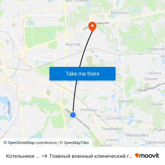 Котельники (Kotelniki) to Главный военный клинический госпиталь Росгвардии map