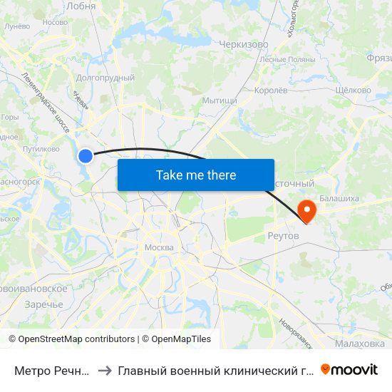 Метро Речной вокзал to Главный военный клинический госпиталь Росгвардии map