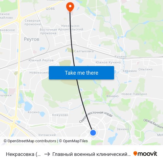 Некрасовка (Nekrasovka) to Главный военный клинический госпиталь Росгвардии map