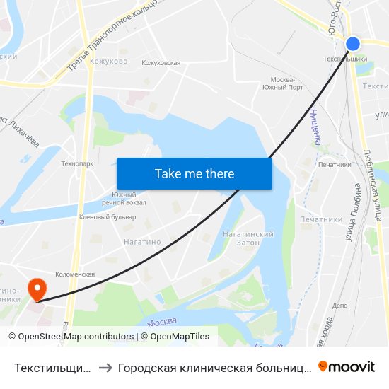 Текстильщики (Tekstilschiki) to Городская клиническая больница имени С. С. Юдина. Территория М1 map