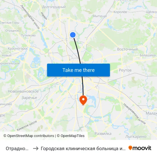 Отрадное (Otradnoe) to Городская клиническая больница имени С. С. Юдина. Территория М1 map