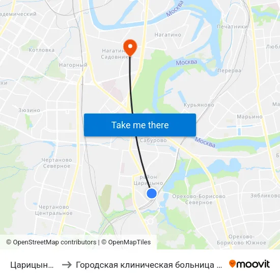 Царицыно (Tsaritsyno) to Городская клиническая больница имени С. С. Юдина. Территория М1 map