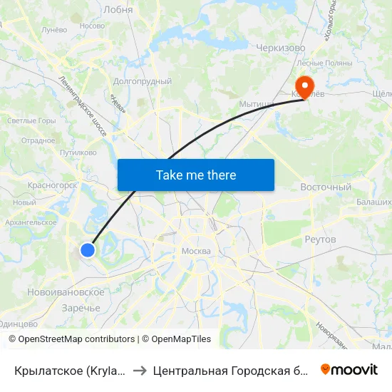Крылатское (Krylatskoe) to Центральная Городская больница map