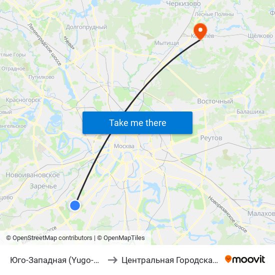 Юго-Западная (Yugo-Zapadnaya) to Центральная Городская больница map