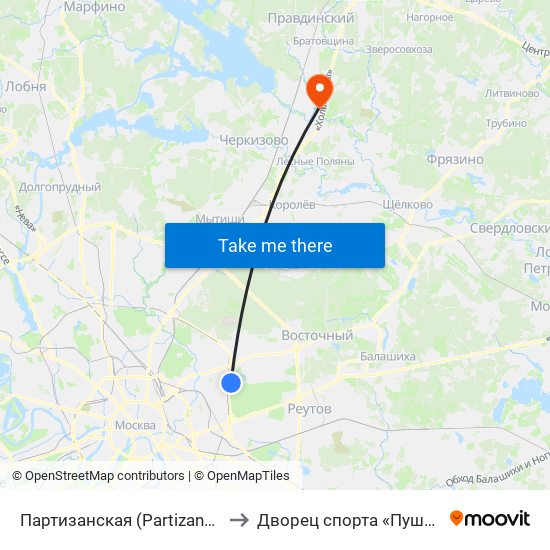 Партизанская (Partizanskaya) to Дворец спорта «Пушкино» map