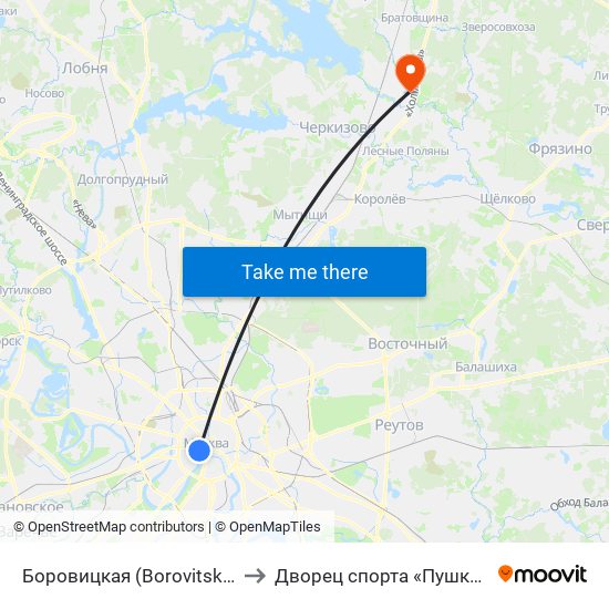 Боровицкая (Borovitskaya) to Дворец спорта «Пушкино» map