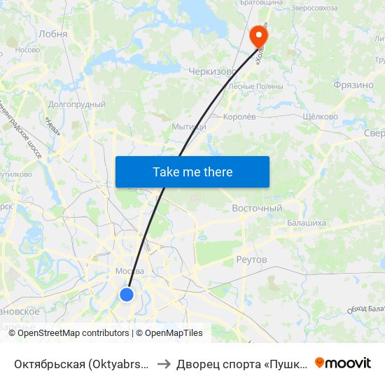 Октябрьская (Oktyabrskaya) to Дворец спорта «Пушкино» map