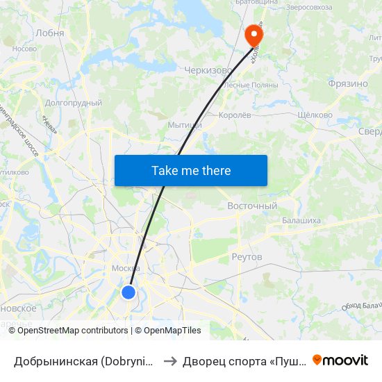 Добрынинская (Dobryninskaya) to Дворец спорта «Пушкино» map