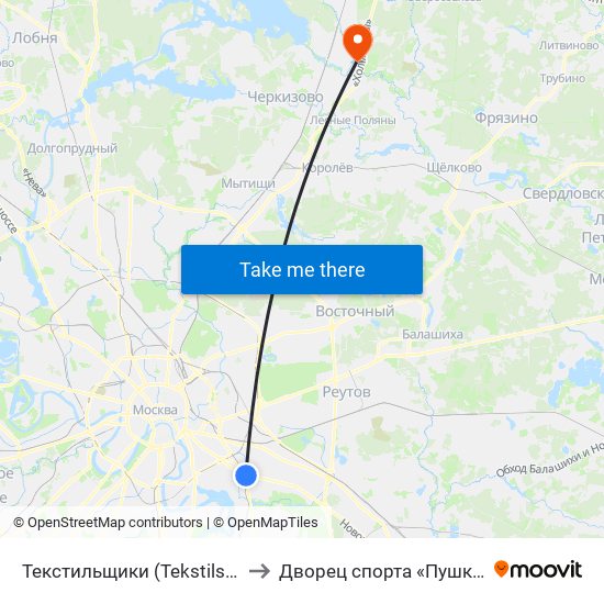 Текстильщики (Tekstilschiki) to Дворец спорта «Пушкино» map