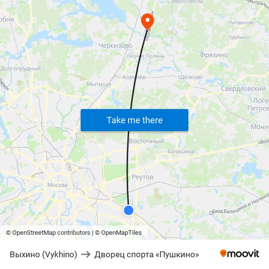 Выхино (Vykhino) to Дворец спорта «Пушкино» map