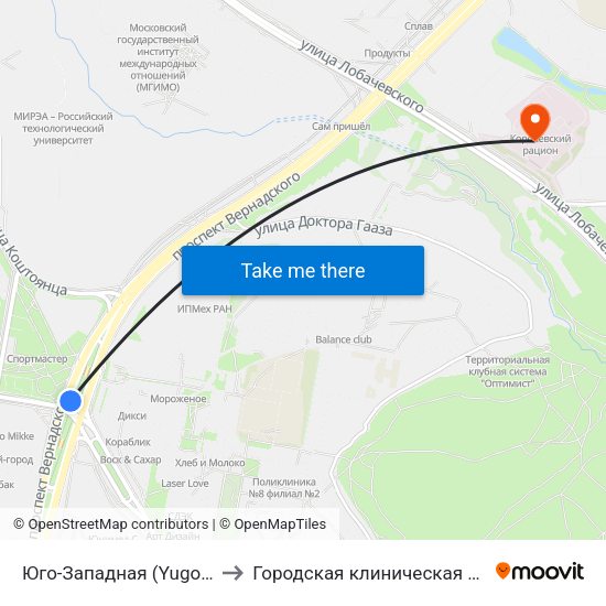 Юго-Западная (Yugo-Zapadnaya) to Городская клиническая больница №31 map