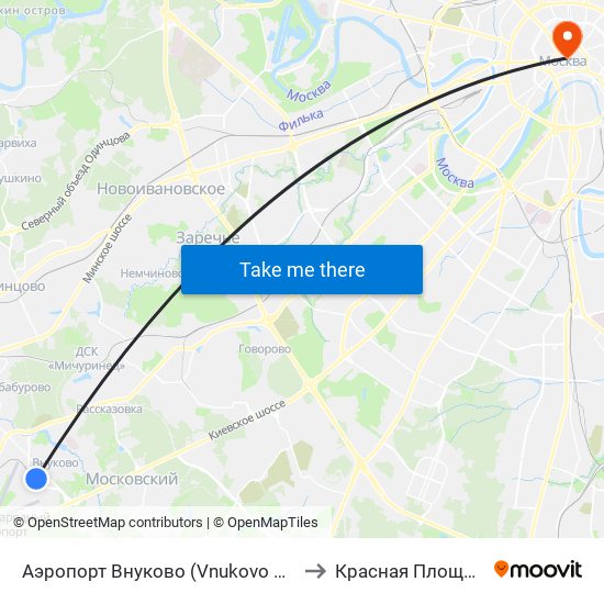 Аэропорт Внуково (Vnukovo Airport, Aeropuerto Vnukovo) to Красная Площадь (Red Square) map