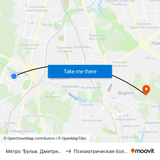 Метро "Бульв. Дмитрия Донского" to Психиатрическая больница №24 map