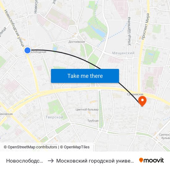 Новослободская (Novoslobodskaya) to Московский городской университет управления Правительства Москвы map