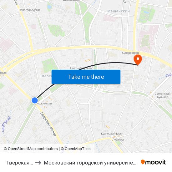 Тверская (Tverskaya) to Московский городской университет управления Правительства Москвы map