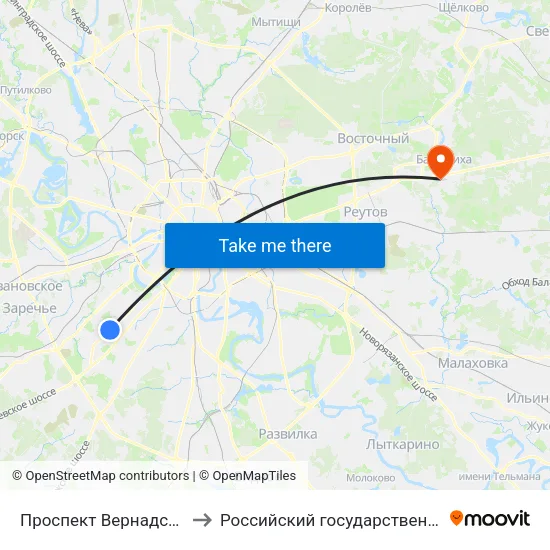 Проспект Вернадского (Prospekt Vernadskogo) to Российский государственный аграрный заочный университет map