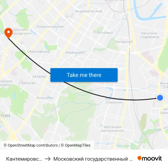 Кантемировская (Kantemirovskaya) to Московский государственный институт международных отношений (МГИМО) map