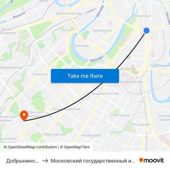 Добрынинская (Dobryninskaya) to Московский государственный институт международных отношений (МГИМО) map