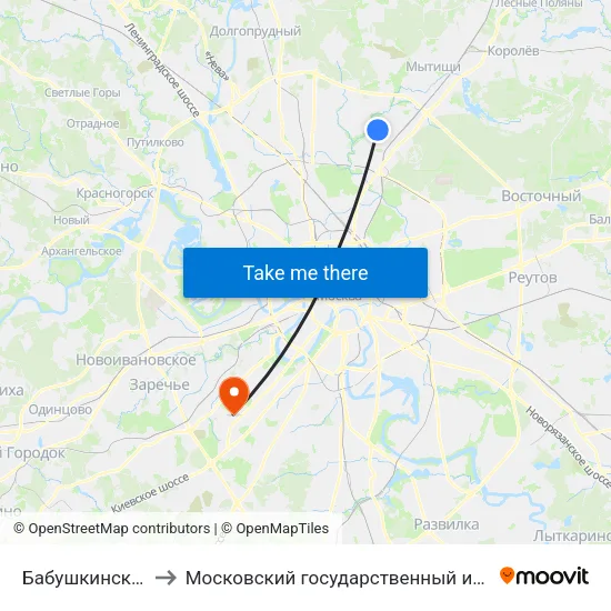 Бабушкинская (Babushkinskaya) to Московский государственный институт международных отношений (МГИМО) map