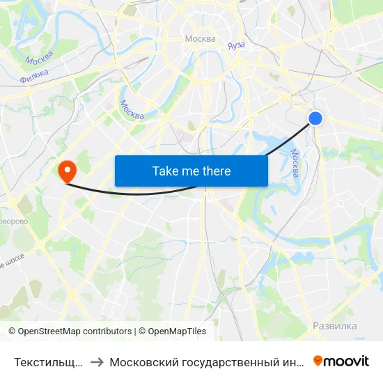 Текстильщики (Tekstilschiki) to Московский государственный институт международных отношений (МГИМО) map
