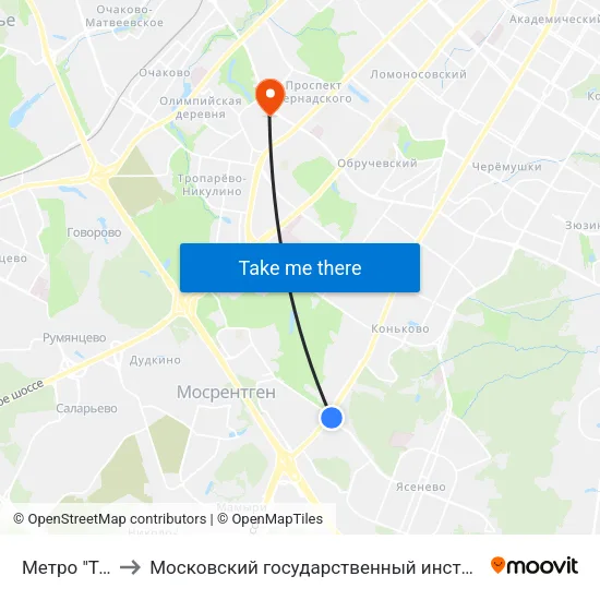 Метро "Теплый Стан" to Московский государственный институт международных отношений (МГИМО) map